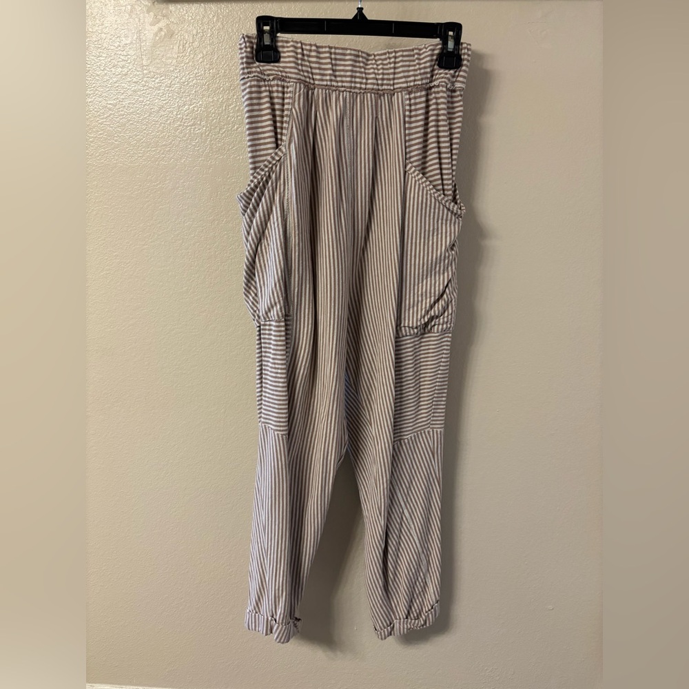 Free People Striped Taupe & White Jumpsuit with Side Pockets